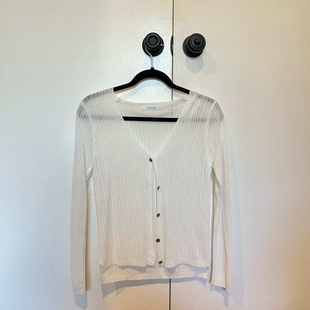 White Ribbed Button-Up Cardigan